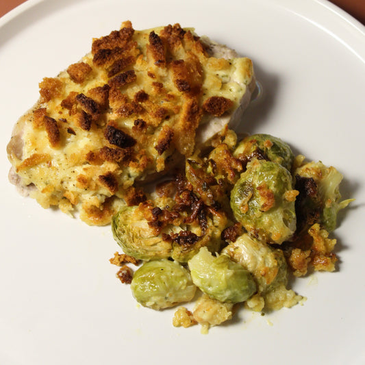 Sheet Pan Parmesan Ranch Pork Chops & Brussels Sprouts